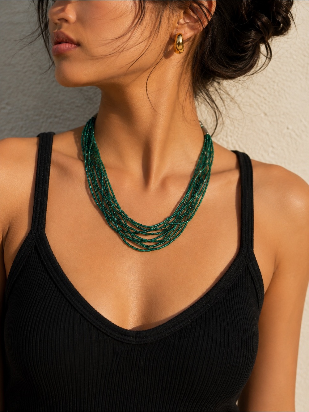 Vintage Multi-Strand Emerald Green Glass seed Beaded Necklace - Brand